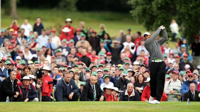 Tiger Woods drives on the first hole during the 2010 JP McManus Invitational at Adare Manor. Photograph: Cathal Noonan/Inpho