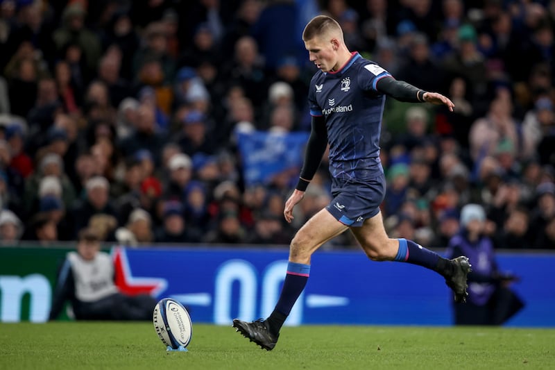 Leinster's Sam Prendergast takes a kick. Photograph: Ben Brady/Inpho