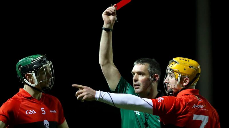 UCC’s Niall O’Leary is shown a red card during his side’s Fitzgibbon Cup win. Photograph: James Crombie/Inpho