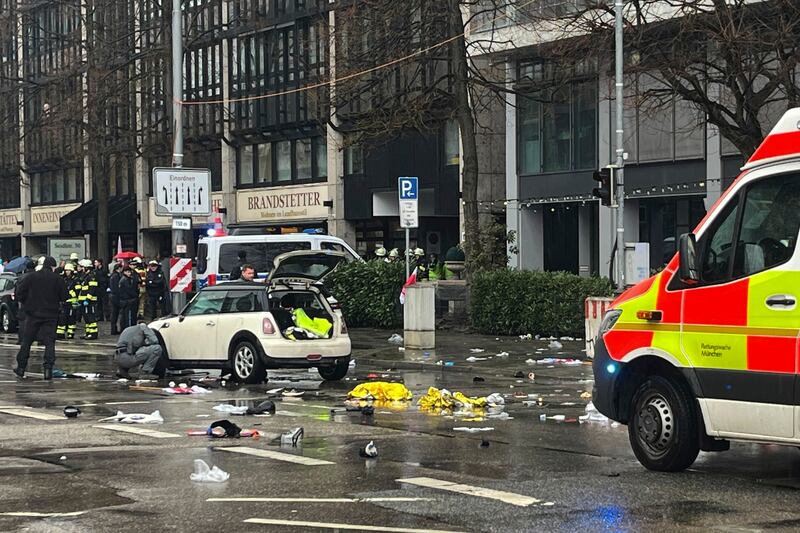 Emergency services attend the scene of an accident after a car hit a group of people in Munich, Germany. Photograph: Christoph Trost/dpa/AP