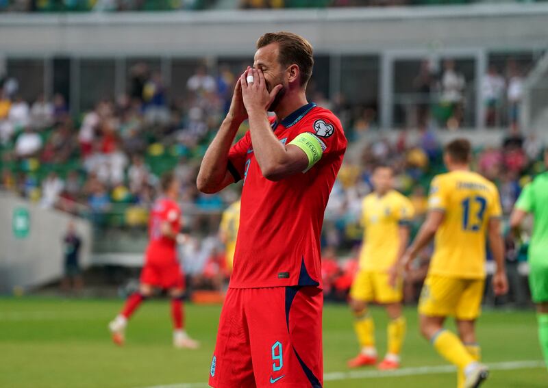 England's Harry Kane runs a missed chance against Ukraine in the Group C European qualifier at the Tarczynski Arena in Wroclaw, Poland. Photograph: Nick Potts/PA