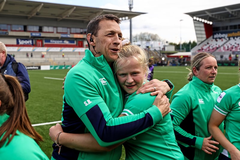 Ireland head coach Scott Bemand celebrates after the game with Dannah O'Brien. Photograph: Ben Brady/Inpho
