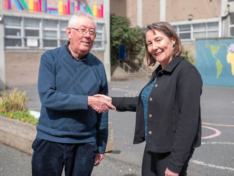 Outgoing board of management chairman at St Mary's Primary School Fr Paul Churchill and Educate Together chief executive Emer Nowlan.