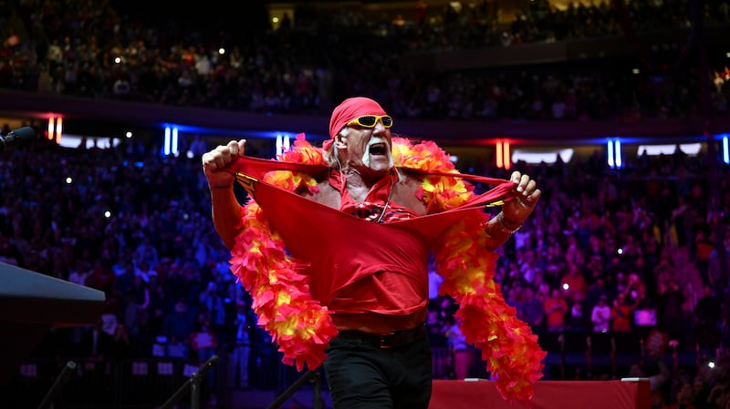 Terry Bollea appears in his wrestling persona, Hulk Hogan, during a campaign rally for Donald Trump. Photograph: Kenny Holston/The New York Times
                      