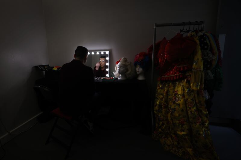 It can take a couple of hours to get into the character, hair, make up and dress for Rob Murphy who plays Dame Buffy in the panto ‘Beauty and The Beast, A Sammy and Buffy Adventure’ at the National Stadium, Dublin. Photograph: Bryan O’Brien/The Irish Times

