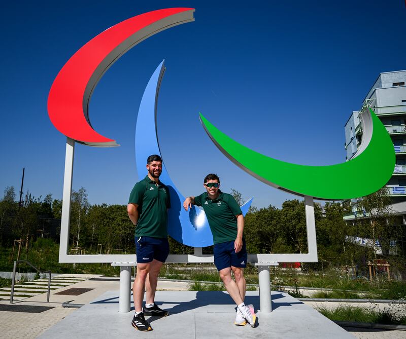 Ireland's Eoin Mullen, left, and Martin Gordon at the Paralympic Village in advance of the 2024 Paralympic Games in Paris. Photo by Ramsey Cardy/Sportsfile