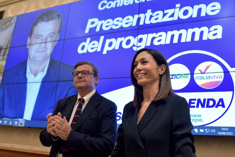 Carlo Calenda and Italy's minister for territorial cohesion Mara Carfagna  at an election campaign launch on August 18th. Photograph: Simona Granati/Corbis via Getty Images