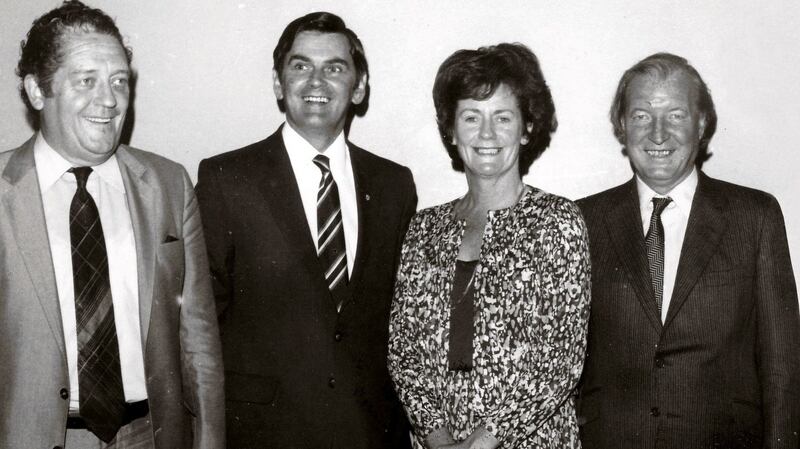 Mary O’Rourke pictured in the mid-1980s, accompanied by Ray MacSharry (left), Charles Haughey (right) and Brian Lenihan Snr (far left)