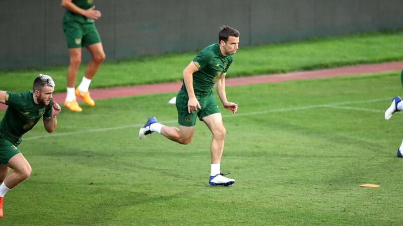 Séamus Coleman during an Ireland training session ahead of the Bulgaria game in Sofia. Photograph: Kostadin Andonov/Inpho