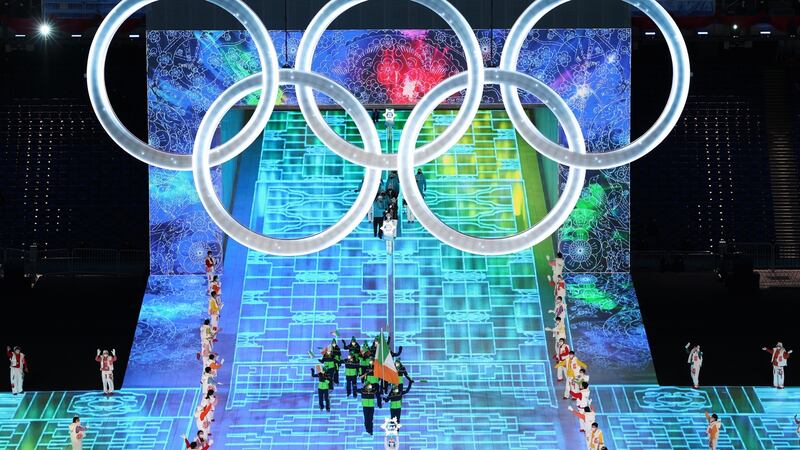 Flag bearers Elsa Desmond and Brendan Newby of Team Ireland lead the Irish athletes into the  Beijing National Stadium. Photograph: Maddie Meyer/Getty Images