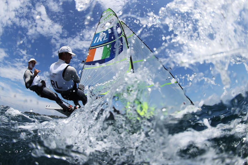 Robert Dickson and Sean Waddilove in action during the Men's Skiff 49er class at the the Tokyo 2020 Olympic Games at Enoshima Yacht Harbour in 2021 in Fujisawa, Kanagawa, Japan. Photograph: Clive Mason/Getty Images