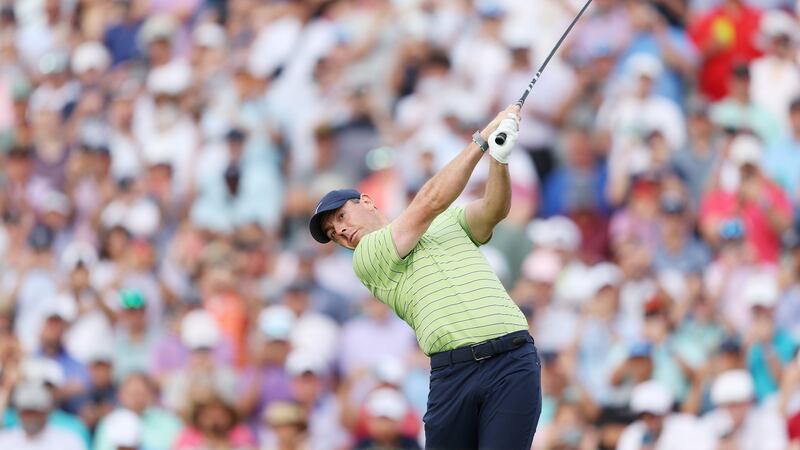 Rory McIlroy plays his opening tee shot at Southern Hills. Photograph:  Richard Heathcote/Getty