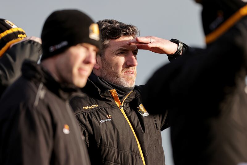 New Kilkenny manager Derek Lyng keeps an eye on his charges during the Walsh Cup clash against Laois. Lyng has a difficult act to follow as he takes the managerial reins from the legendary Brian Cody. Photograph: Laszlo Geczo/Inpho