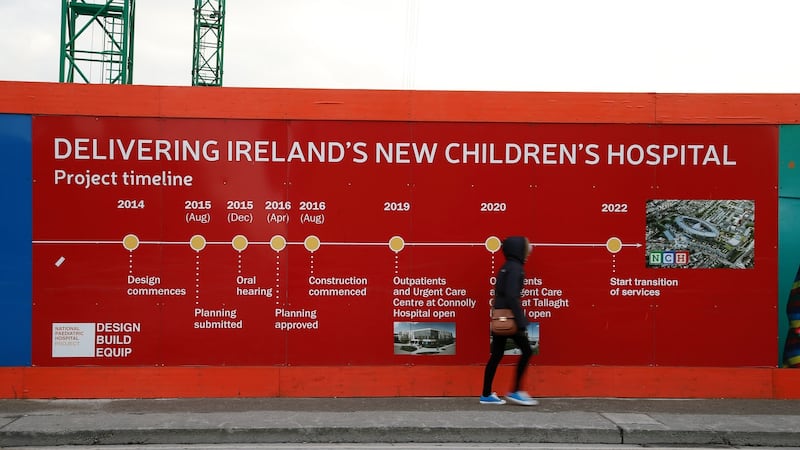 A project timeline hoarding at the National Children’s Hospital site, as viewed from the South Circular Road in Dublin. Photograph: Nick Bradshaw/The Irish Times