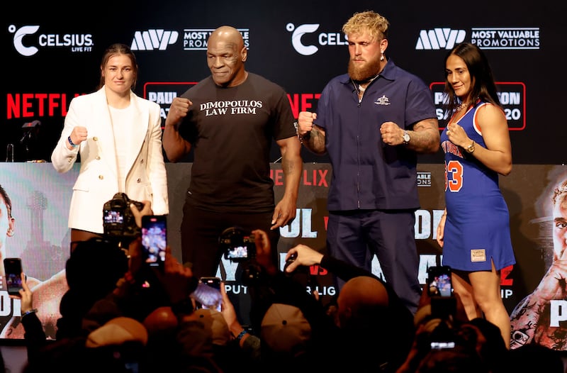 Katie Taylor, Mike Tyson, Jake Paul and Amanda Serrano pose during a pre-fight press conference in New York in May before the fights were scheduled to November. Photograph: Peter Foley/Shutterstock