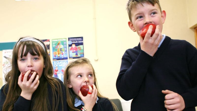 Sarah, Aoife and Cian, of Lisacul National School, Castlerea, Co Roscommon, tuck into apples. Photograph:  Brian Farrell