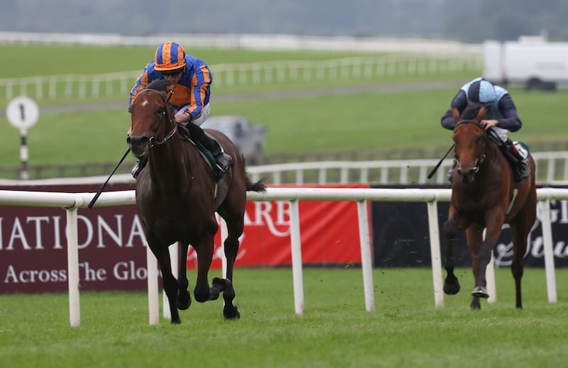 Henry Longfellow ridden by Ryan Moore  wins the Goffs Vincent O’Brien National Stakes at the Curragh. Photograph: Damien Eagers/PA 