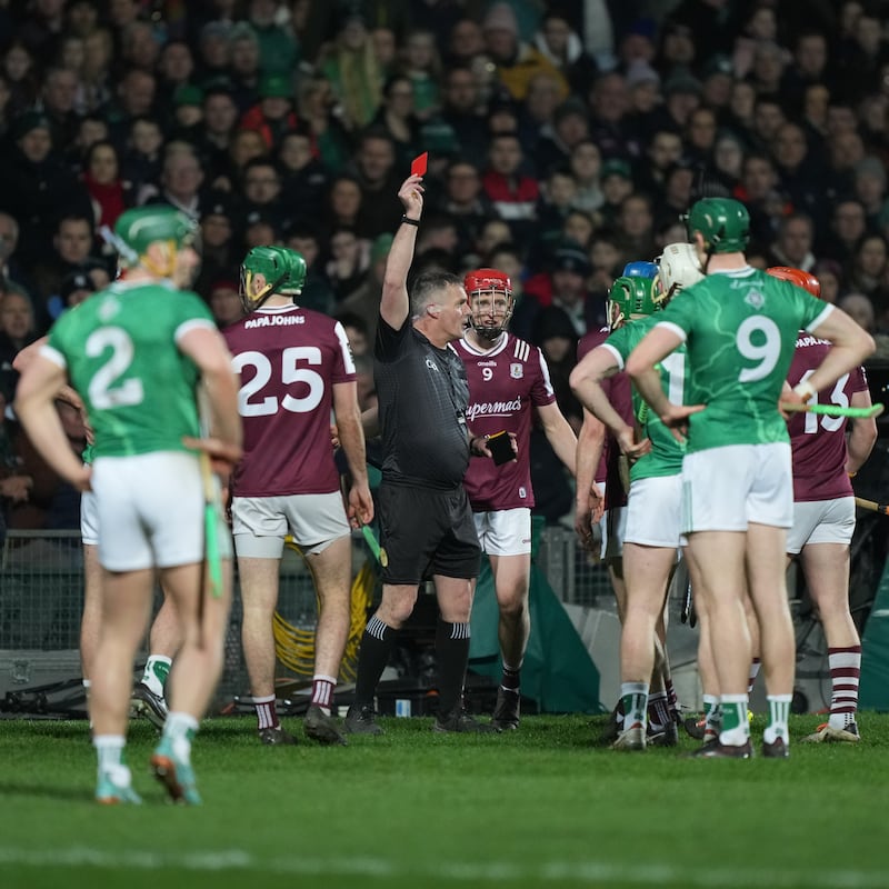 Referee James Owens shows Galway's Conor Cooney a red card. Photograph: James Lawlor/Inpho