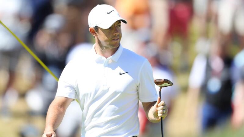 Rory McIlroy reacts to his putt on the fifth green during the second round of the US PGA Championship at  Bethpage Black  in Farmingdale, New York. Photograph: Warren Little/Getty Images