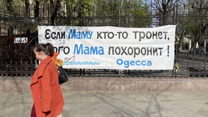 A banner in Odesa –  the Ukrainian Black Sea city that residents affectionately call ‘Odesa Mama’ – warns Russia: ‘If someone lays a finger on Mama, they’ll be buried by Mama!’ Photograph: Daniel McLaughlin