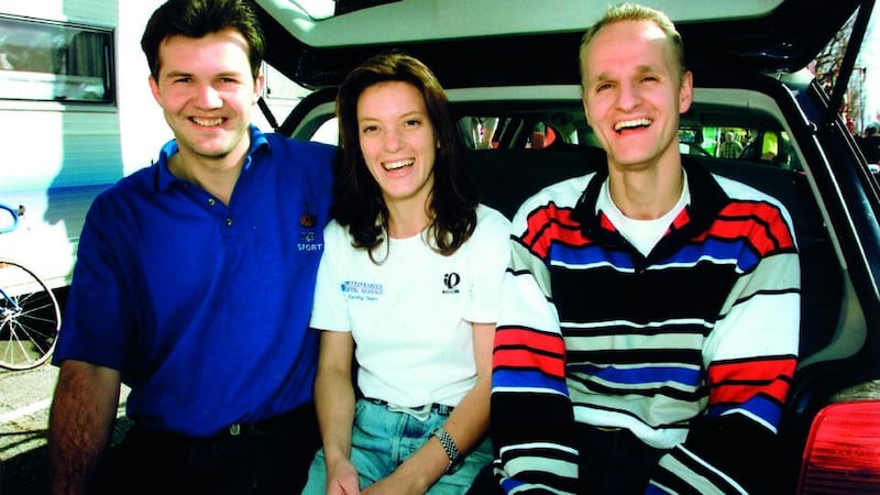 Emma O’Reilly in happier times with Chris and Sip from the Rabobank team