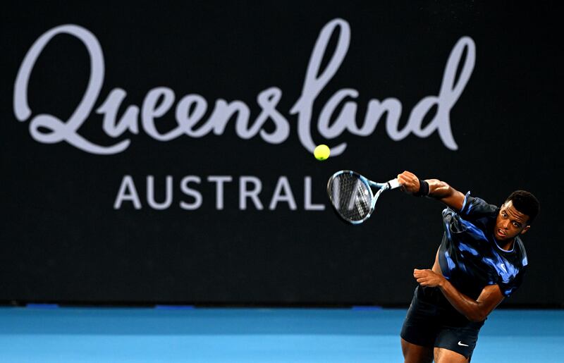 Giovanni Mpetshi Perricard of France serves in his match against Nick Kyrgios at Pat Rafter Arena in Brisbane. Photograph: Bradley Kanaris/Getty Images