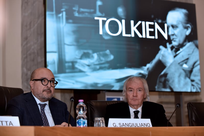 Italy's minister for culture Gennaro Sangiuliano participates in the press conference to promote an exhibition in Rome entitled "Tolkein: Man, Professor, Author". Photograph: Simona Granati/Corbis via Getty Images