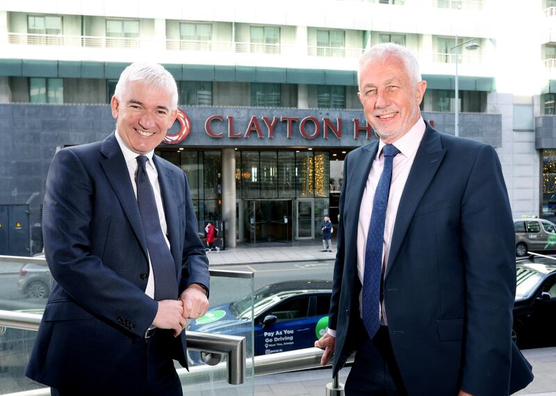 Dermot Crowley, chief executive, Dalata Hotel Group, with chair John Hennessy, at the  Clayton Hotel Cardiff Lane, Sir John Rogerson’s Quay, Docklands, Dublin, for the group's agm on April 25th, 2024. Photograph: Maxwells