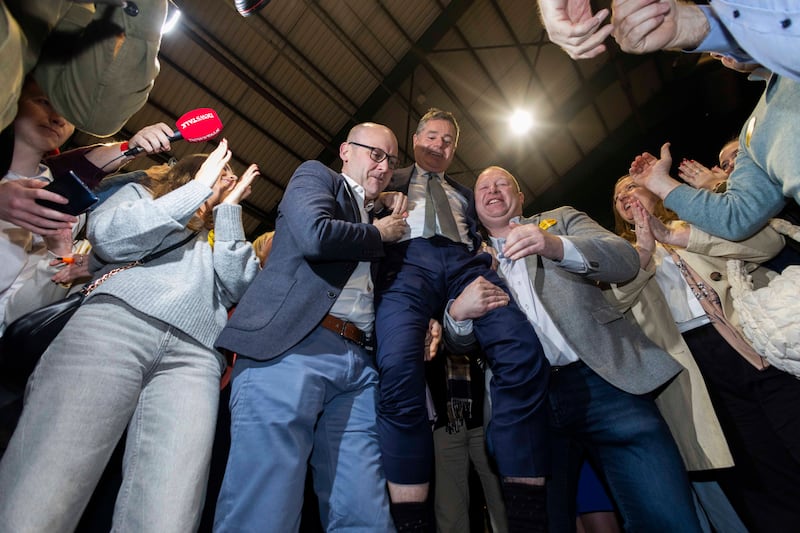 Fine Gael's Pachal Donohoe celebrating getting re-elected in Dublin Central  at the RDS count centre Photo: Sam Boal/Collin Photos 


