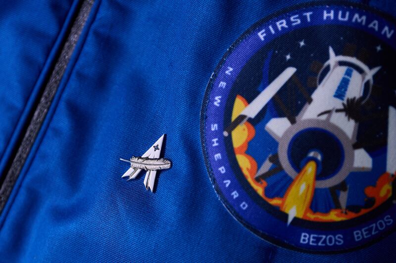 A Blue Origin astronaut’s pin on Jeff Bezos’s flight suit. Photograph: Blue Origin via New York Times