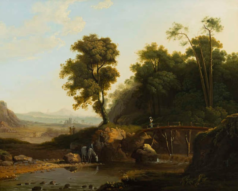 Landscape with a Pool and Bridge, Horse watering, Thomas Roberts