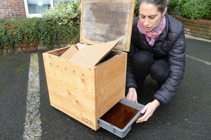 Íde Ní Almhain with the wormery she uses for food waste at home in Dublin. Photograph: Dara Mac Dónaill