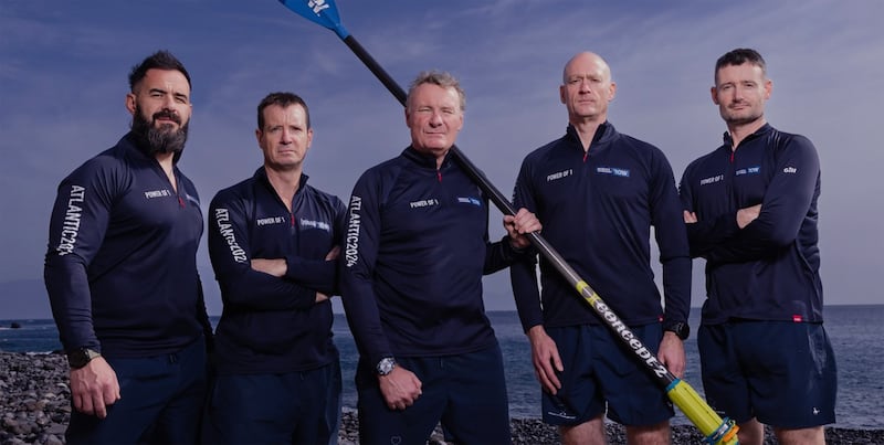 Team Power of One: John O’Driscoll (left) with crewmates Conor McCarthy, Daragh Kelly, Enda McNicolas and Roger McMorrow. 