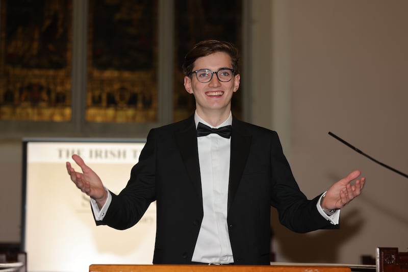 Cathal Horgan from TCD Hist opposition individual member at the Irish Times Debate semi-final at Rathgar Methodist Church. Photograph: Alan Betson

