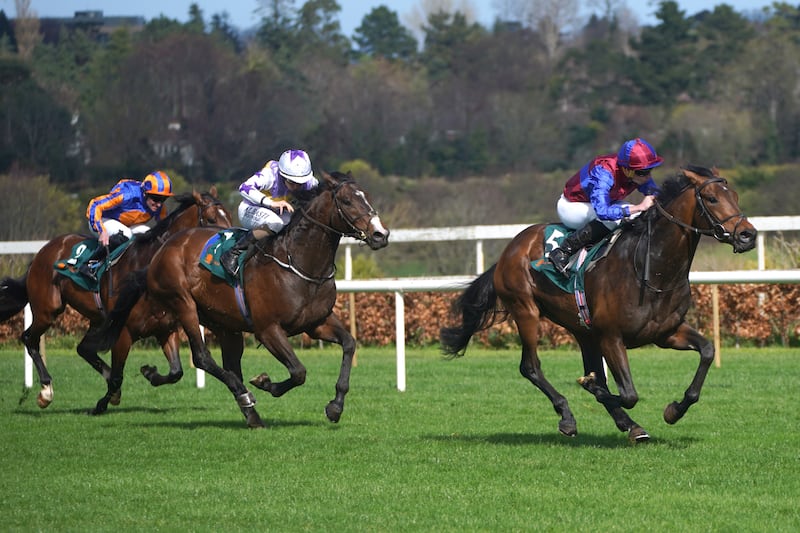 Hans Andersen ridden by jockey Ryan Moore (right) wins the Ballylinch Stud 'Red Rocks' 2000 Guineas Trial Stakes during the Ballylinch Stud Classic Trials Day at Leopardstown Racecourse. Picture date: Sunday April 2, 2023.