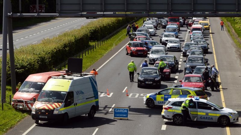 Traffic mounts up after a crash near junction 17 on the M50 motorway.Photograph: Cyril Byrne/The Irish Times