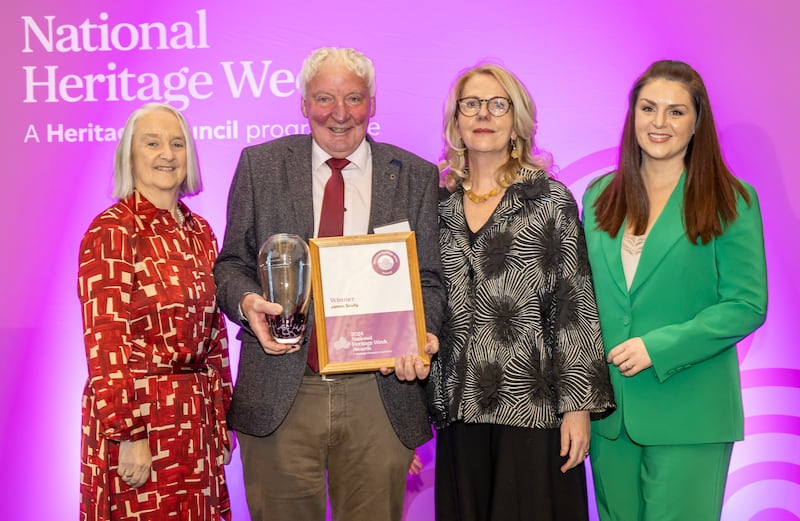 National Heritage Hero James Scully is presented with his award by Virginia Teehan, Heritage Council chief executive; along with Dr Martina Moloney, Heritage Council chairperson and MC Síle Seoige at the Heritage Council’s National Heritage Week Awards ceremony in the Royal Hospital, Kilminaham