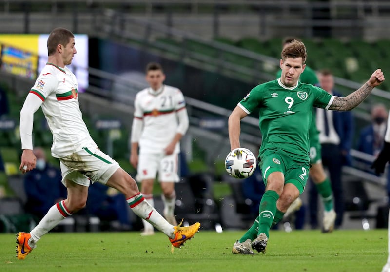 Bulgaria’s Georgi Angelov and James Collins of Ireland in action during the Nations League clash at the Aviva in 2020. Photograph: Bryan Keane/Inpho 