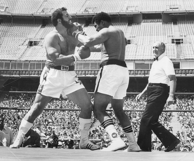 July 14th, 1979: Lyle Alzado up against Muhammad Ali at Mile High Stadium, Colorado. Photograph: Denver Post via Getty Images