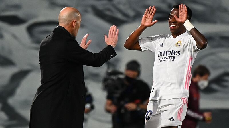 Zinedine Zidane and Vinicius Junior celebrate during Real Madrid’s 3-1 win over Liverpool. Photograph: Gabriel Bouys/Getty/AFP