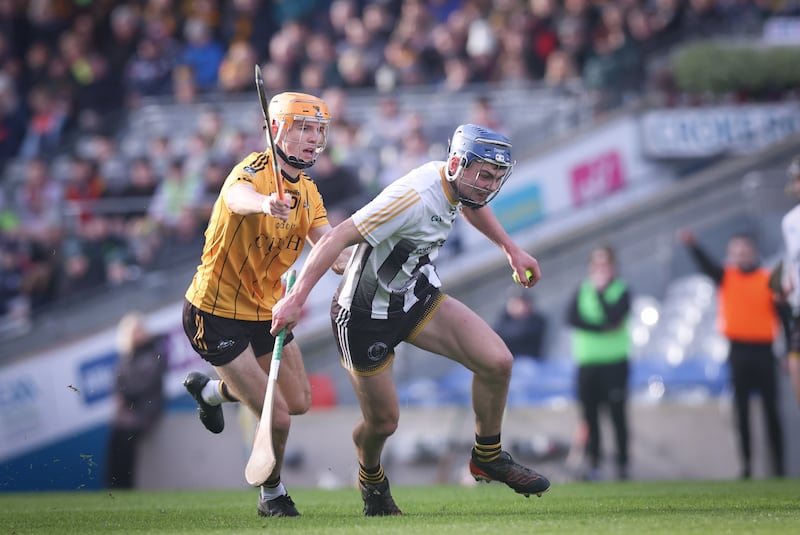 Cathal Hickey of St Lachtain's is challenged by Mark O’Dwyer of Russell Rovers during the All-Ireland club JHC final at Croke Park. Photograph: Tom Maher/Inpho