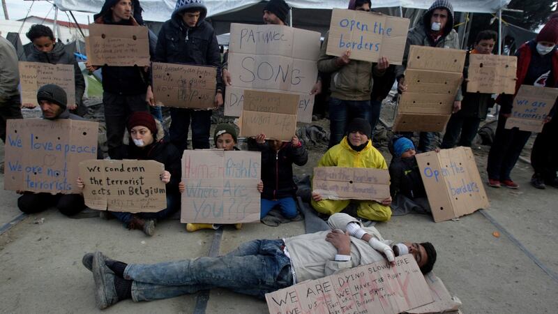 A  protest in a  camp for refugees and migrants at the Greek-Macedonian border. Photograph: Alexandros Avramidis/Reuters