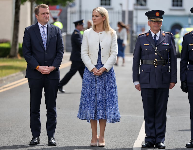 Minister for Justice Helen McEntee with Fianna Fáil Minister of State James Brown (left) and Garda Commissioner Drew Harris. File photograph: Collins