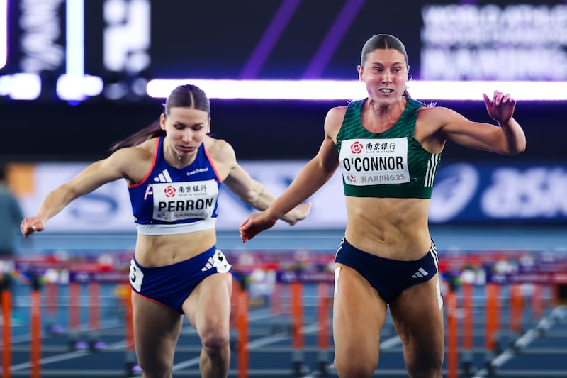 Kate O'Connor's first event was the 60 metre hurdles, she finished third with a time of 8.30 seconds, a personal best. Photograph: Nikola Krstic/Inpho