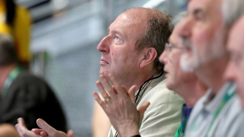 Minister for Sport Shane Ross watching Michael Conlan’s bantamweight bout against Russia’s Vladimir Nikitin during the 2016 Olympics in Rio. Photograph: Dan Sheridan/Inpho