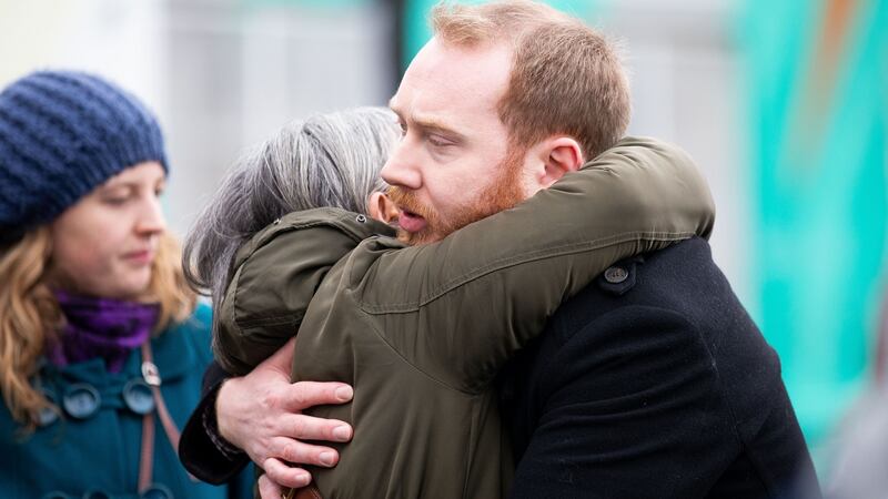 Grafton College teachers William O’ Brien and Della Levanos pictured at  a rally on Tuesday. Photograph: Tom Honan/The Irish Times