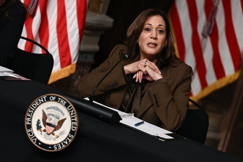 United States vice president Kamala Harris attends a meeting with voting rights leaders in the Indian Treaty Room of the Eisenhower Executive Office Building in Washington. Photograph: Brendan Smialowski/AFP via Getty Images