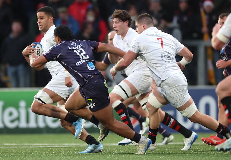 Ulster’s Cormac Izuchukwu makes a break against Bordeaux-Bègles. Photograph: James Crombie/Inpho
