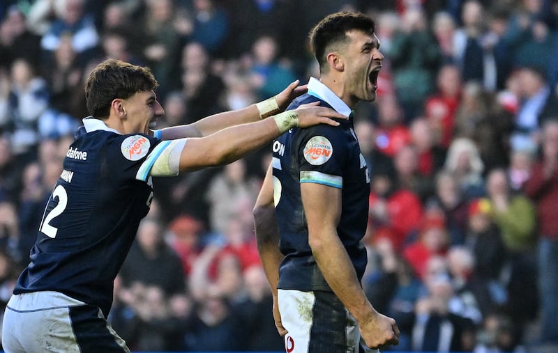 Blair Kinghorn celebrates scoring Scotland's fourth try. Photograph: Andy Buchanan/AFP via Getty Images