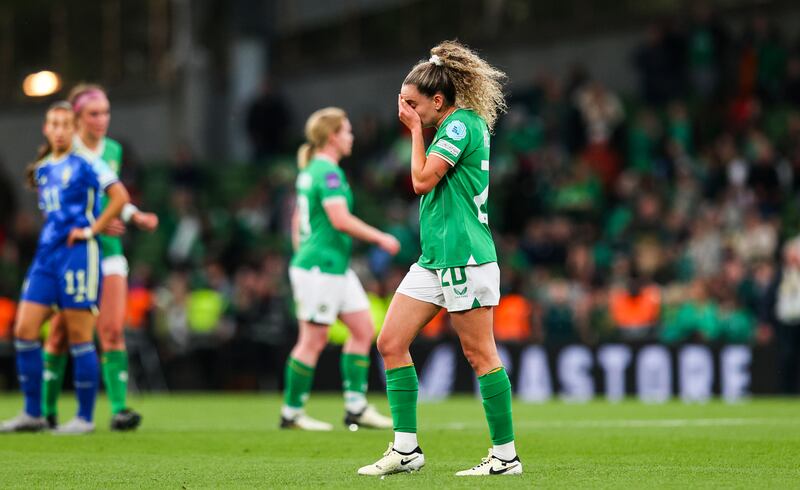 Ireland’s Leanne Kiernan dejected after the game. Photograph: Ryan Byrne/Inpho